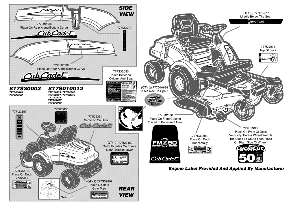 Label Map March 2008 And Before Diagram and Parts List for FMZ50 17AF4BFP009-17AF4BFP010-17AF4BFP209-17AF4BFP210-17AF4BFP710 Cub Cadet Lawn Tractor